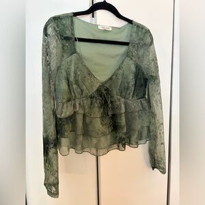 Floral Burnout Tiered Babydoll Green Sheer Cropped Blouse